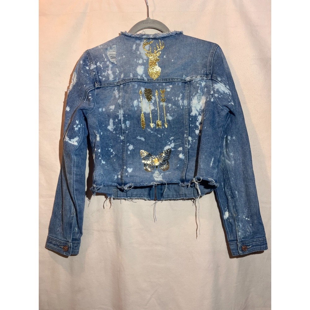 One 5 One SZ Medium Collarless Distressed Denim Zip Jacket Gold Detail B18